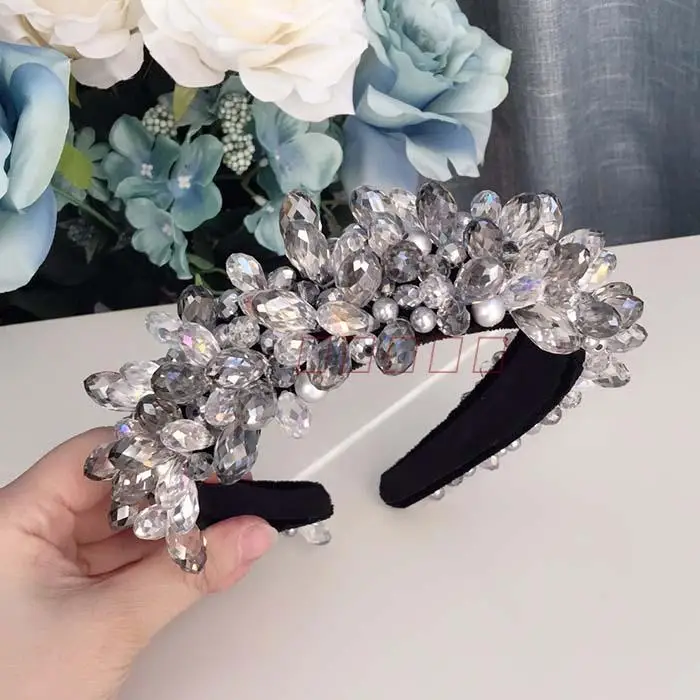 Ручной работы кристалл драгоценный камень Hairband женский европейский полный горный хрусталь бисером широкая головная повязка элегантные женские волосы бижутерия украшение для головы
