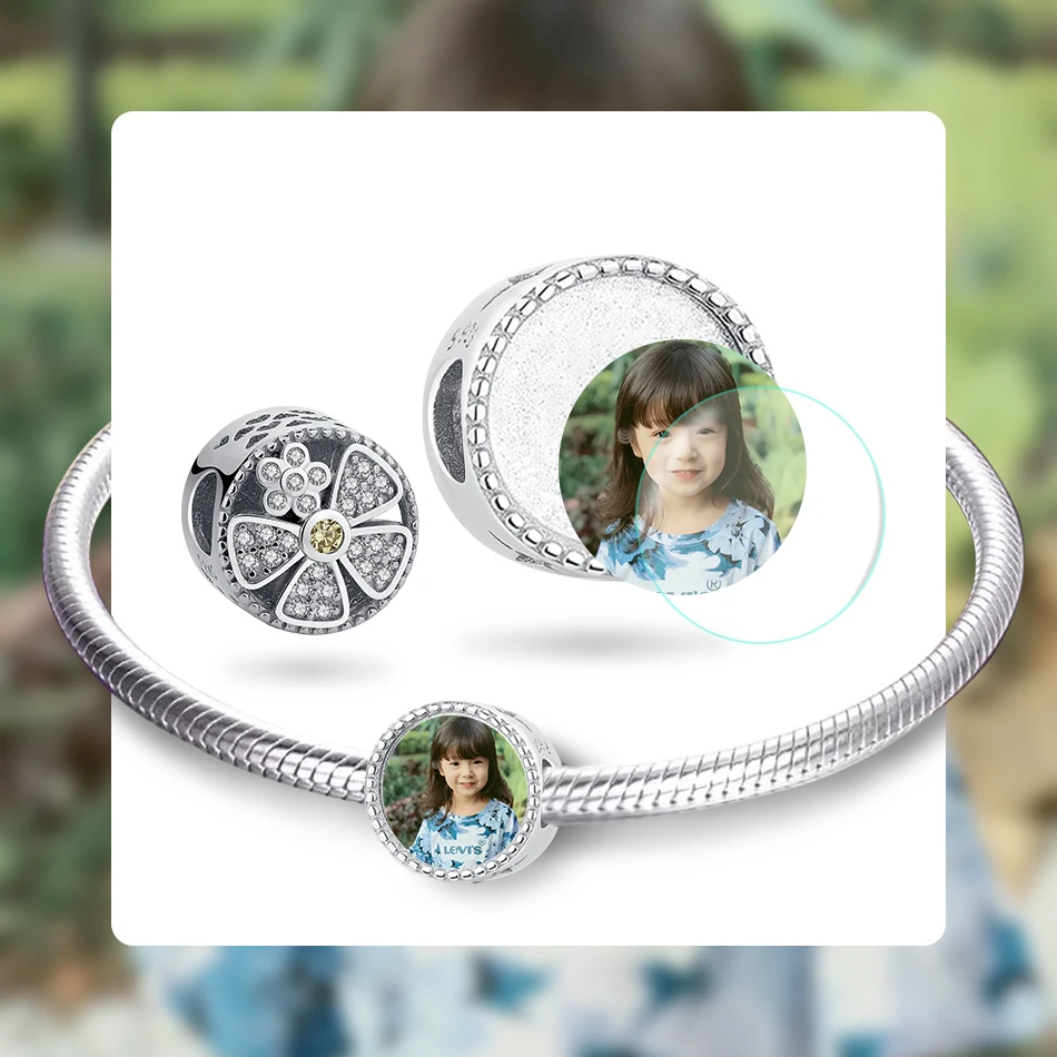 

Personalized Shimmery Crystal Flower Round Bead Fit Bracelet 925 Sterling Silver Classic Custom Photo Charms For DIY Jewelry