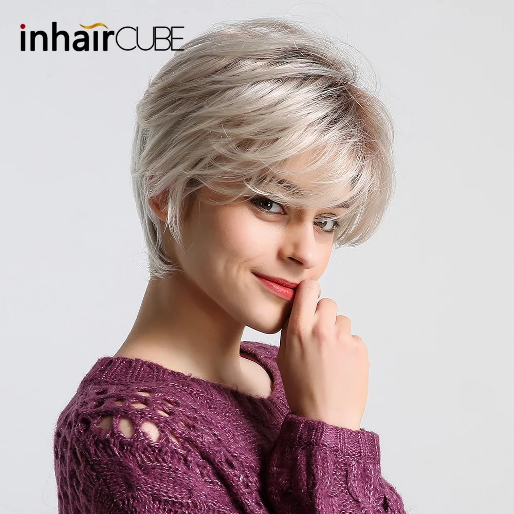 

Inhaircube 50%Human Hair Blend +50%Synthetic Wigs Womens Short Natural Wave Hair Daily Use Half Wig with Bangs Free Shipping