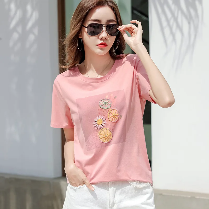 2020 New Beaded Diamond Set Loose Short-Sleeved T-shirt Female Summer Fashion All-match Round Neck Shirt Fashion tops AE0025 2020 New Beaded Diamond Set Loose Short-Sleeved T-shirt Female Summer Fashion All-match Round Neck Shirt Fashion tops AE0025