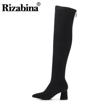 

RIZABINA Women Genuine Leather Brand Over Knee Boots Winter Zipper Square Heels Office Work Boots Black Female Botas Size 34-39