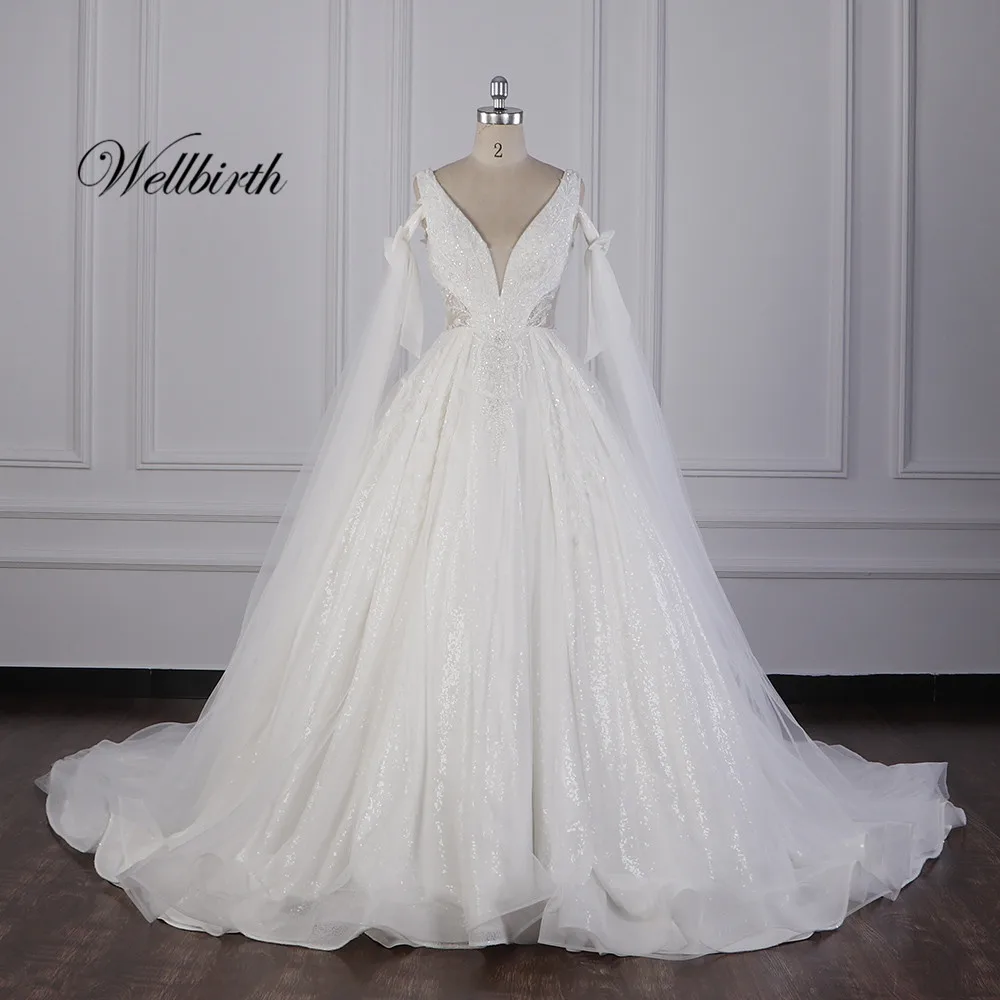 Реальное изображение Wellbirth Vestido de novia statin бальное платье из бисера Свадебное платье с коротким рукавом и v-образным вырезом Свадебное платье T005
