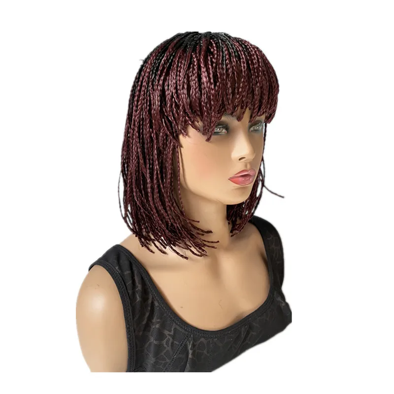 Hywamply 12" Synthetic Small Box Braided Hair Wigs With Bangs Black Bug Ombre Shade Short Bob Hairstyle Machine Wig