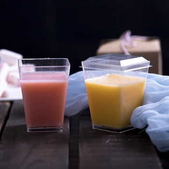 

50pcs PS plastic disposable dessert boxes transparent cake cups wedding birthday party favors square pudding jelly cup with lids