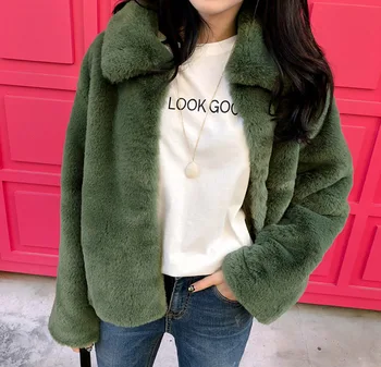 

Korean Style Green Women Faux Fur Coat Fashion Lapel Collar Long Sleeve Autumn Winter Coat Women Plus Size Warm Solid Outwear