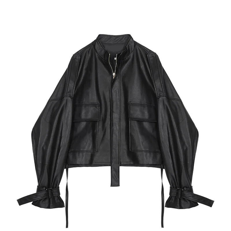 

Korean-style Loose Version of Slimming Stand Collar Leather Jacket Women's Short 2019 Spring Clothing New Style Drawstring Banda