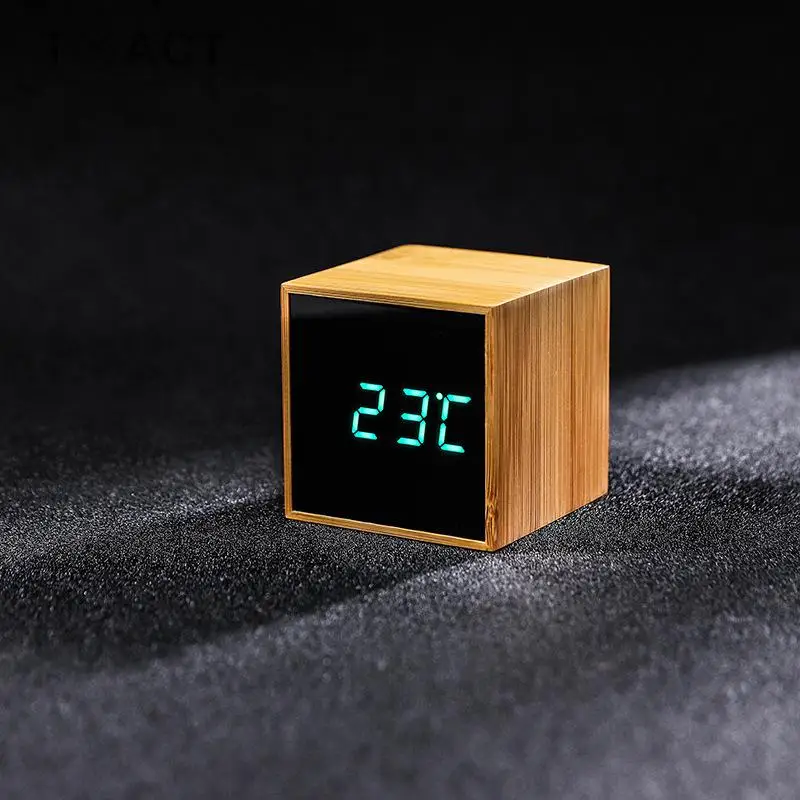 

100% Bamboo LED Alarm Clocks Electronic Clock Temperature Sounds Control Wooden Table Clock Adjustable Brightness Snooze Watch