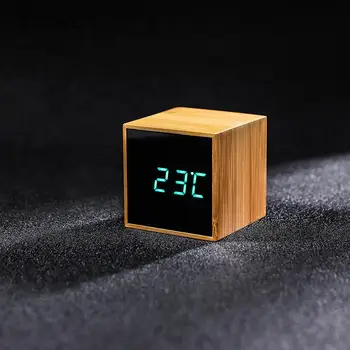 

100% Bamboo LED Alarm Clocks Electronic Clock Temperature Sounds Control Wooden Table Clock Adjustable Brightness Snooze Watch