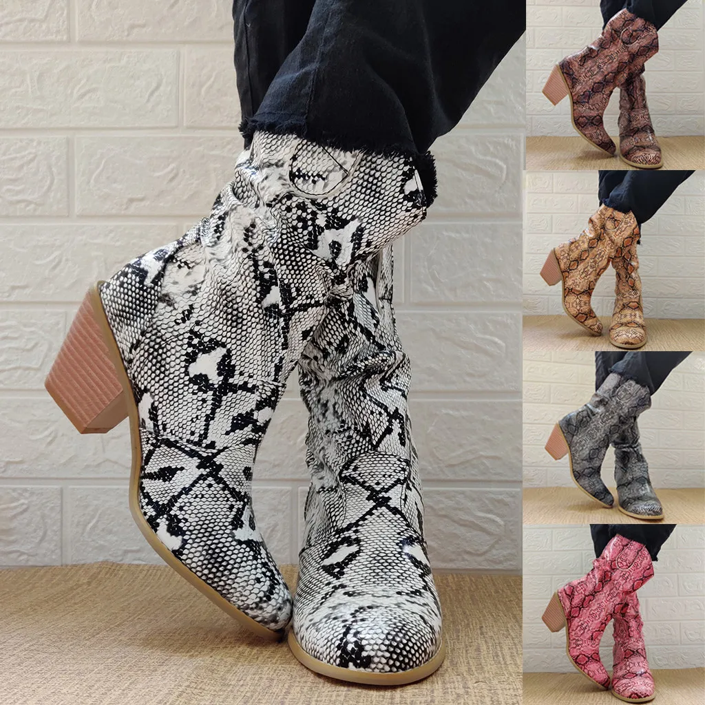 New Spring Winter Fashion Snake Grain Round Toe Slip-On Boots Square Heels Vintage Women Boots mid-calf boots shoes#O22