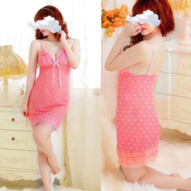 

Sexy Lingerie With Font Bow Ruffles Trim Polka Dot Chemises set Porno Women Underwear Sleepwear Sexy Dress Hot