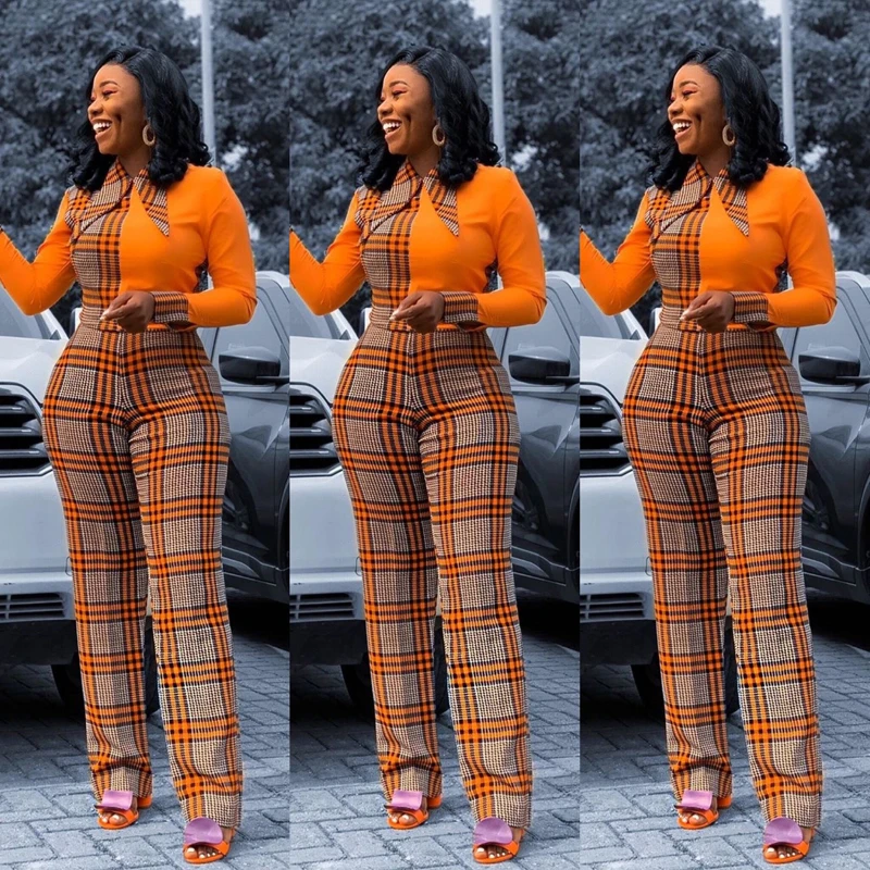 

2021 Hot Jumpsuits For Women Elegant Party Plus Size Purple Plaid Long Sleeve High Waist Evening Night Fashion Rompers Jumpsuits