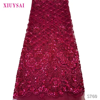 

2020 Latest French Nigerian Laces Fabrics High Quality handmade beaded Tulle African Laces Fabric Rer Red Wedding dress S760