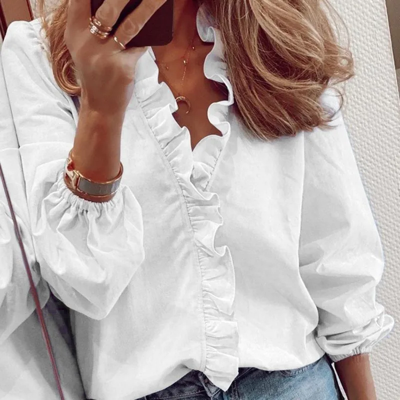 Camisa de Chiffon Camisa de Cintura Chiffon Solto Topos Mulheres Pura Cor Camada Flounce V-neck Manga Longa Alta Pulôver Blusas Finas Novo 8 Moda Feminina