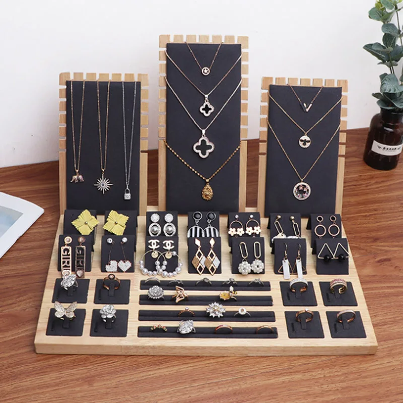 In Stock Wood Green Earring Necklaces Display Stand Hanger For Women Counter Jewelry Stand Shooting Live Jewellery Display Props