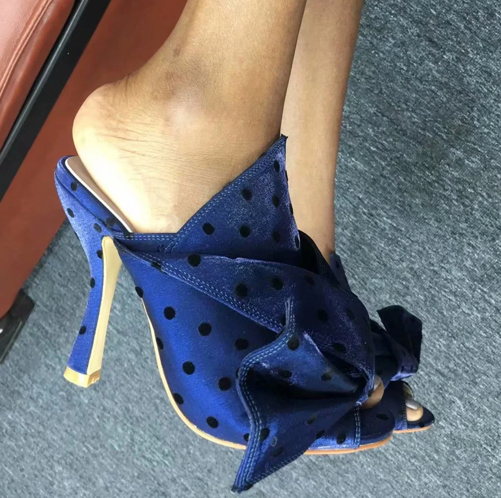 

Sexy Polka Dot Blue Satin Knot High Heels Slipper Women Peep Toe Thin Heel Shoes Woman Big Bowtie Banquet Sandals
