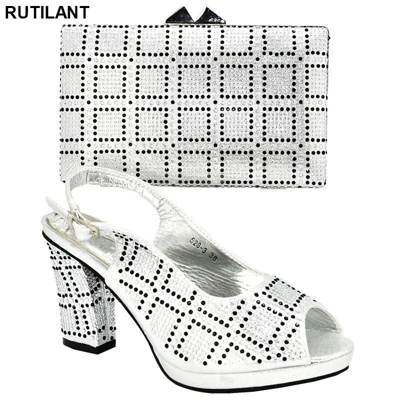 

New Silver Color Shoe and Bag Sets Decorated with Rhinestone Ladies Shoes High Heel Shoes Nigerian Shoes and Matching Bags Party