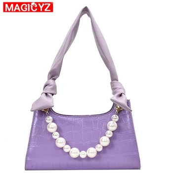 

Summer purple Shoulder Bags For Women Female Crocodile Pattern Pearl Chain Subaxillary Bag Luxury Designer Retro Baguette Bag