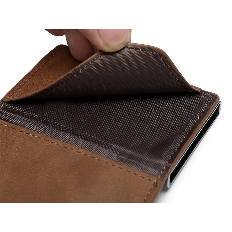 Customied Name Rfid Wallet Aluminum Box Card Holder with Organizer Zipper Coin Pocket Men Leather Wallet Anti-theft Cards Holder