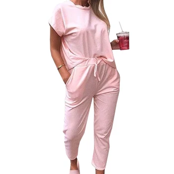 

Vicabo O-neck Casual Sets for Women Summer 2020 Tops and Pants Set Ladies Pocket Comfy Loungewear Outfits