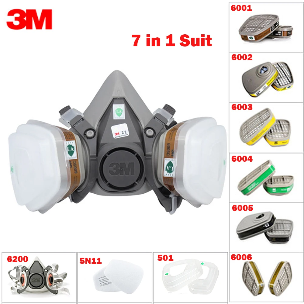 

7in1 3M 6200 Half Gas Face mask+6001/6002/6003/6004/6005/6006filter Reusable Respirator Organic Mask Acid Organic Vapor&Acid Gas