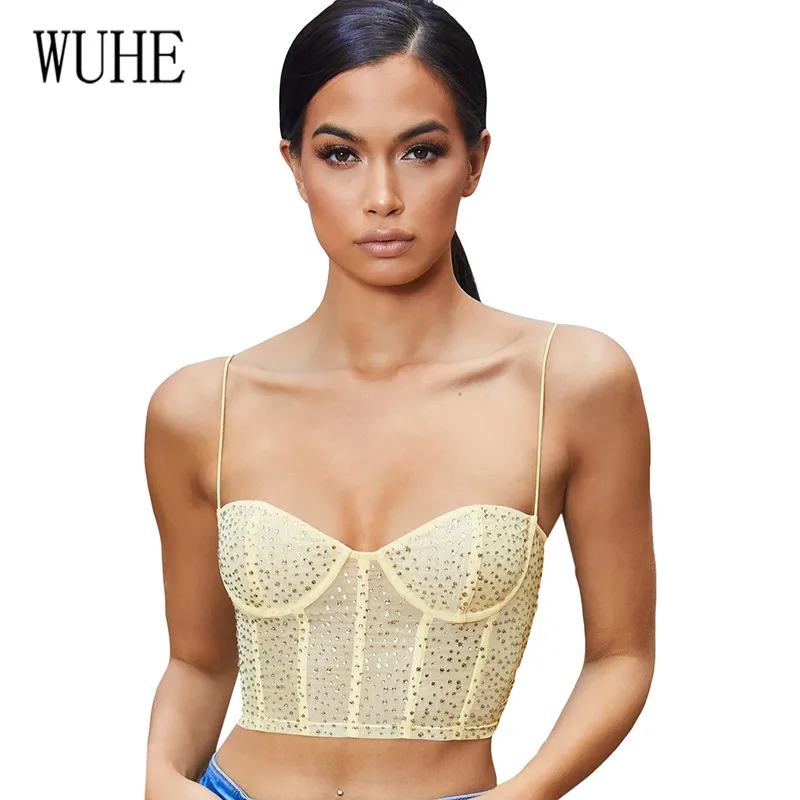 

WUHE Bling Diamonds Summer Sexy Spaghetti Strap Wrap Top Elegant Sleeveless Hollow Out Bling Party Rhinestone Women Fashion Top
