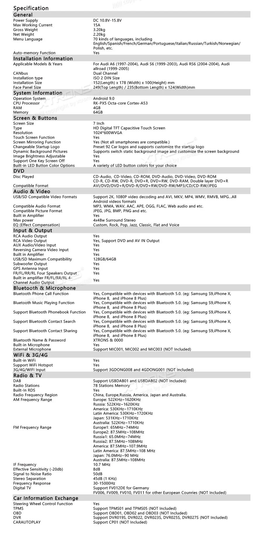 Excellent 7" Android 9.0 Pie OS Car DVD Multimedia GPS Radio for Audi A6 1997-2004 & S6 1999-2003 & RS6 2002-2004 & Allroad 1999-2005 31