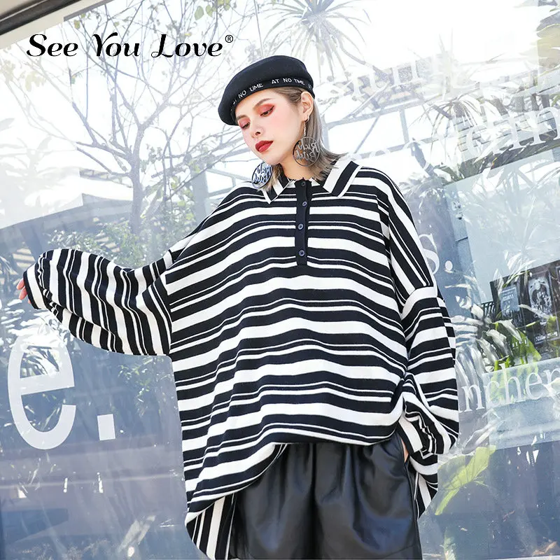 

See you love Striped Big Size Knitting Sweater Pullover Loose Fit Lapel Long Sleeve Women Sweater New Fashion Autumn Winter 2019
