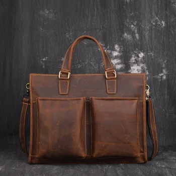 

Vintage Men Genuine Leather Crazy Horse Shoulder Bag Waterproof Briefcase Bag Luxury Office Handbag Totes Business Bag