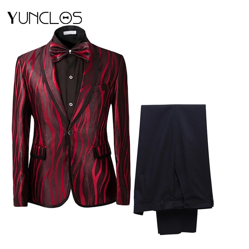 

YUNCLOS Men's Red Suit Men's Zebra Print Coat Two-Piece Set (Jacket+Pant) Single-breasted With One Button For Wedding &Party