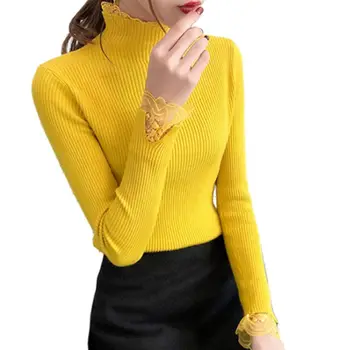 

Women Long Sleeve Turtleneck Sweater Floral Lace Patchwork Knit Solid Jumper Top Y1AC