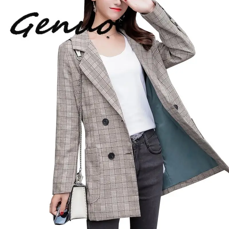 

Genuo Plus Size 5XL Women Plaid Blazer Jacket Coat Double Breasted Long Blazers Foraml Suit Casual Office Lady Wokr Wear Outwear