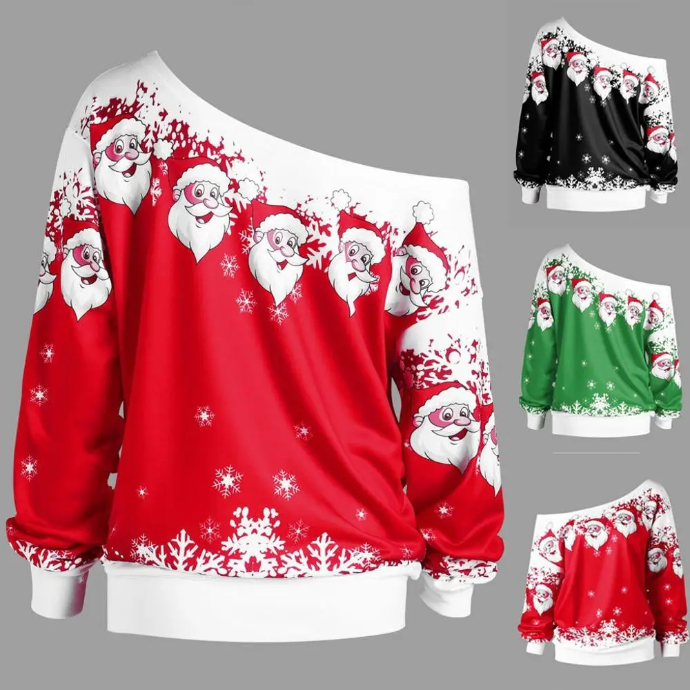 Christmas Blouse Plus Size Womens Santa Claus Print Long Sleeve Skew Collar Tunic Women Autumn Blouse Tops blusa feminina#3F
