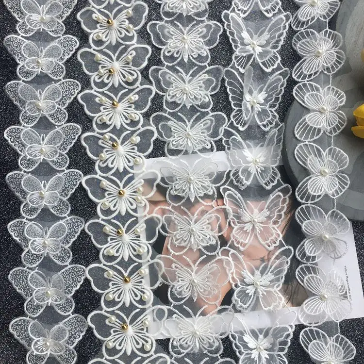 1YARD Organza polyester embroidery three-dimensional nail bead double LACE butterfly lace accessories DIY wedding accessories