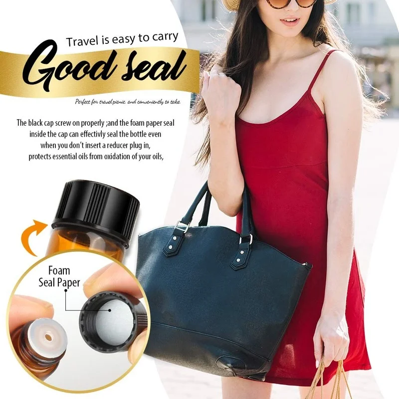 2ml (5/8 dram) Amber Essential Oil Bottles, Mini Amber Sample Vial Glass Bottle with 50 Black Caps, 50 Inner Covers
