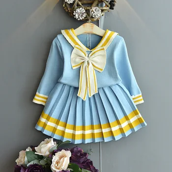 

Christmas Suit Girls Knitting Clothing 2020 Autumn Winter New Cute Bow Tie College Wind Jacket + Skirt Suit Baby Girl Clothes