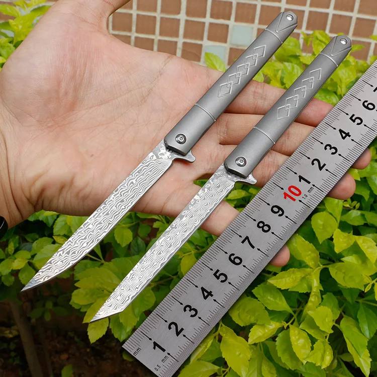 

Damascus titanium alloy handle folding knife outdoor high hardness gift cattle leather case sushi knife