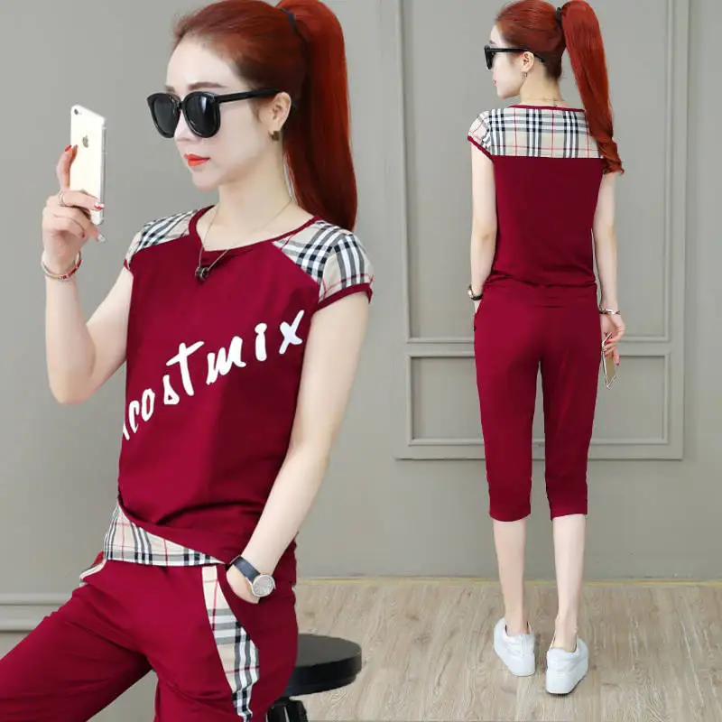 crop top and skirt set Summer Short Sleeve New Two Piece Set Top and Pants Ladies Plus Size Korean Fashion Casual Two Piece Set Women Red Gray White satin pajamas for women Women's Sets