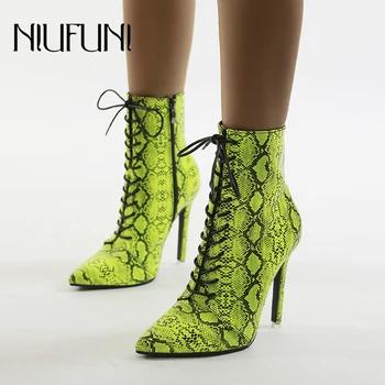 

Sexy Ankle Strap Snake Pattern Women's Boots Pointed Toe Stiletto High Heels Zipper Fluorescent Slim Women's Shoes Botas Mujer