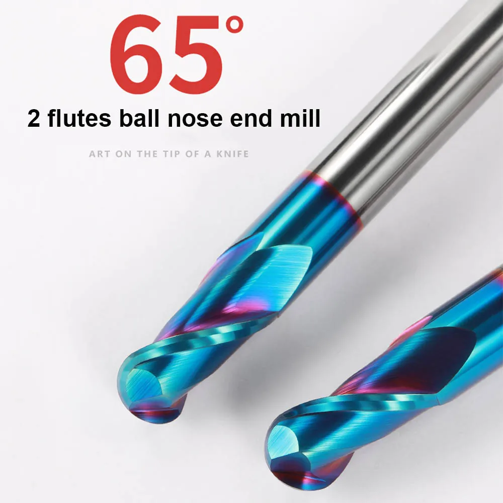 HRC65 Ball Nose End Mill CNC Router Bits Double Flute Spiral Milling Tool Tungsten Carbide Cutter with Nano Blue Coat 3 4 6 8mm |