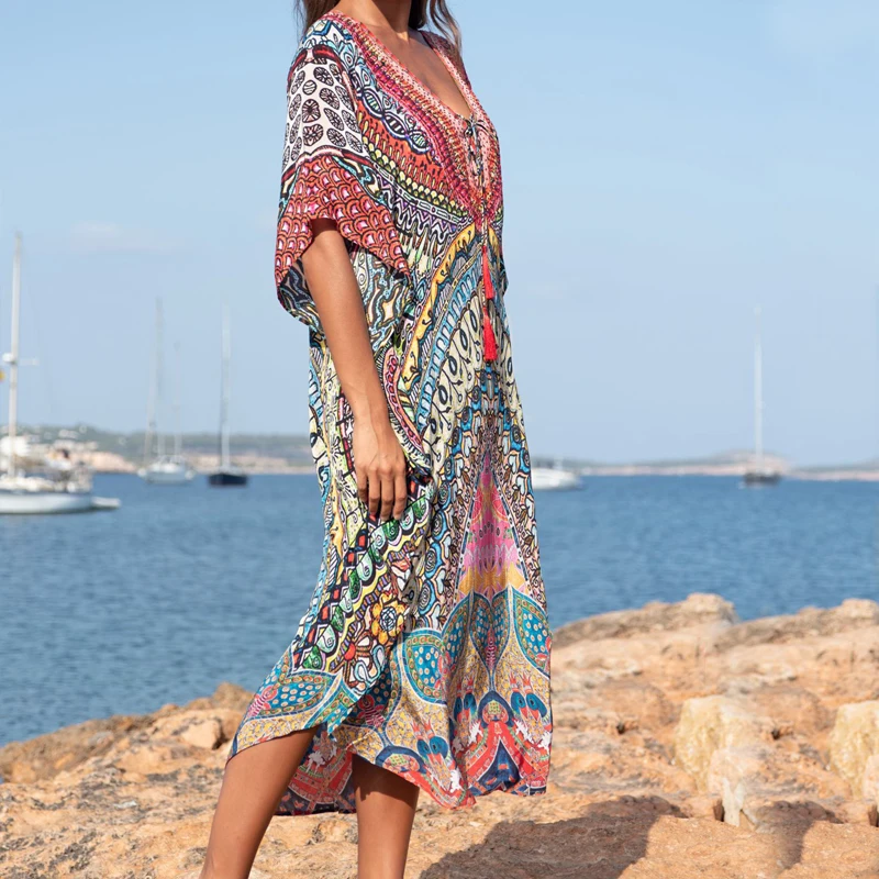 Boho печать бикини накидка Robe de Plage размера плюс накидка купальник купальный костюм с кисточками парео пляжное платье-туника для женщин
