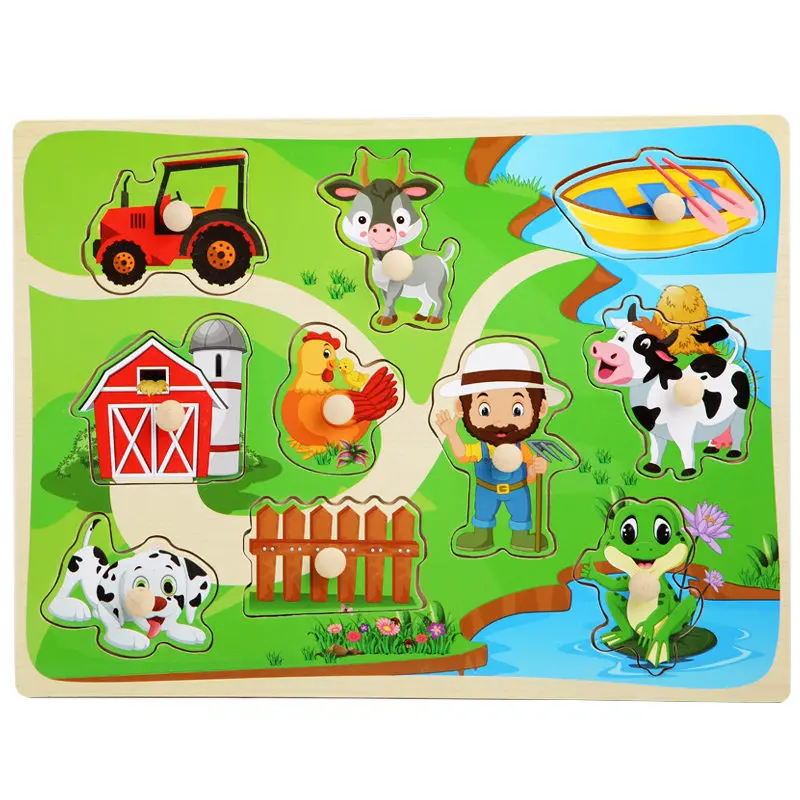 Dropshipping Baby Toys Hand Gripper Puzzles Wooden Toys For Kids Animal/Digital/Ocean Puzzle Educational Preschool Teaching Aids - Цвет: Farm