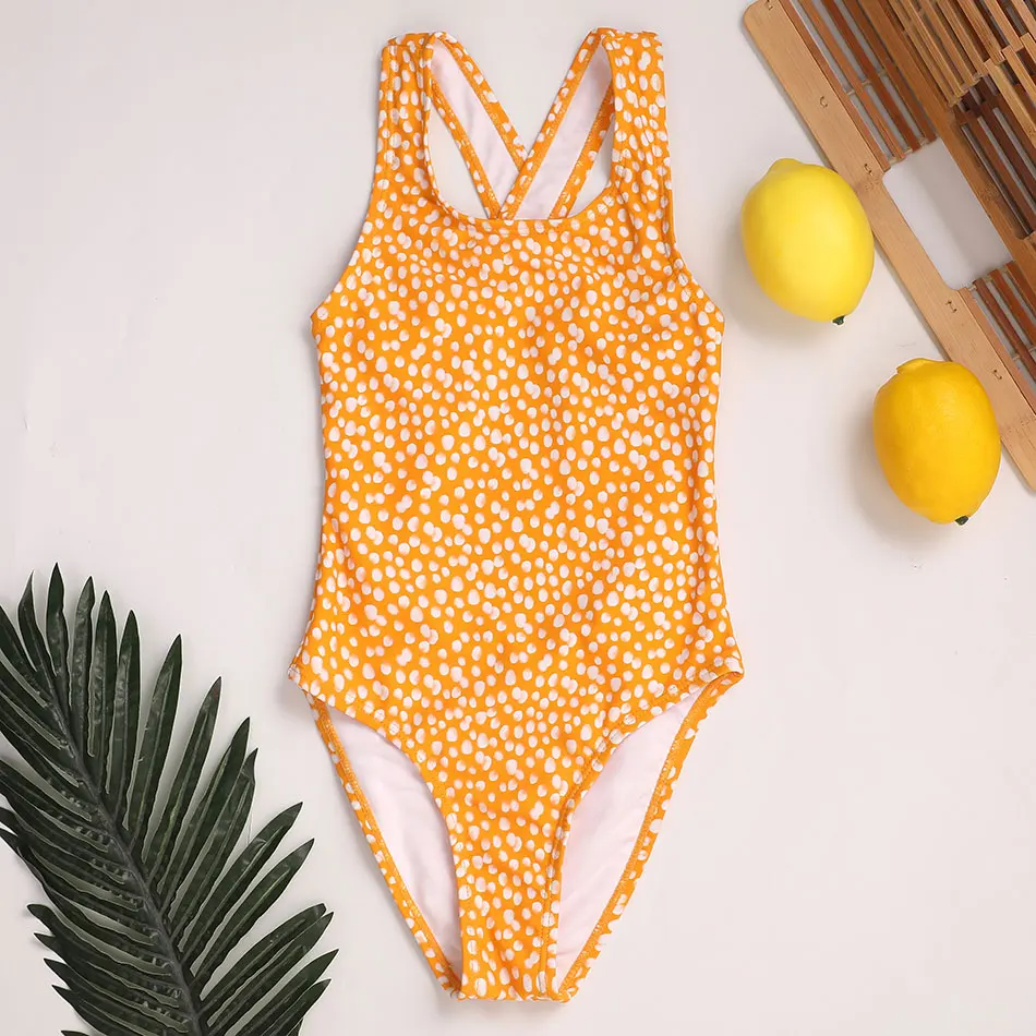 Floral Girls One Piece Swimsuit Kids 7-16 Years Retro Vintage Children's Swimwear Striped Girls Bathing Suit Monokini Cross Back