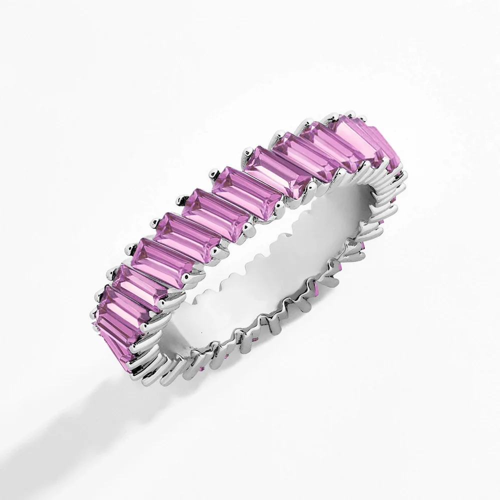 Silver Pink Новое Женское кольцо с радужным фианитом в стиле бохо, цвета: золото, серебро, багет, кубический цирконий, обручальное кольцо вечности - Цвет основного камня: Silver Pink