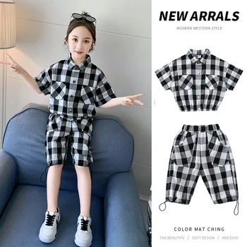 

Japanese Hot Sale baby girls 2-pieces -sets 4-13 years old Children's suit Korean college style coat+short Large pocket check