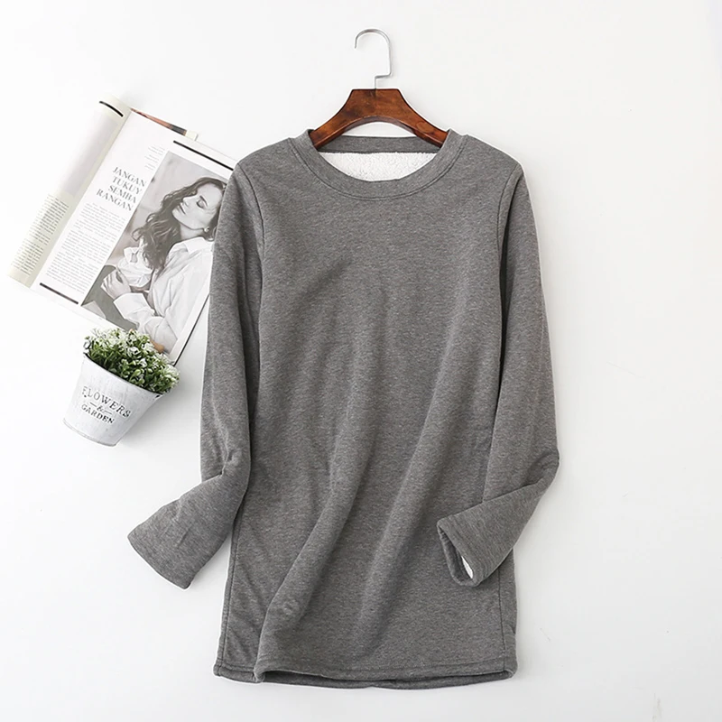 dark grey Женская толстовка из плотного флиса, зимние Бархатные Теплые облегающие толстовки, повседневное нижнее белье с круглым вырезом, флисовый женский топ Sudadera Mujer - Цвет: dark grey