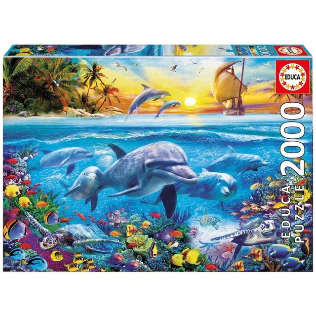 Educa puzzle 2000 piezas familia de delfines ref:17672 96x68cm atardecer marino animales paisaje naturaleza