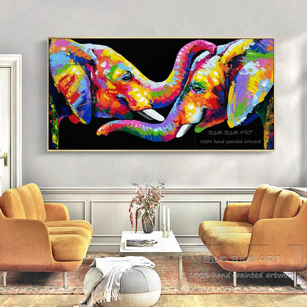 Ручная роспись великолепные цвета слон нож акриловая живопись на холсте картина с изображением слона 2 слона текстурированный акрил живопись