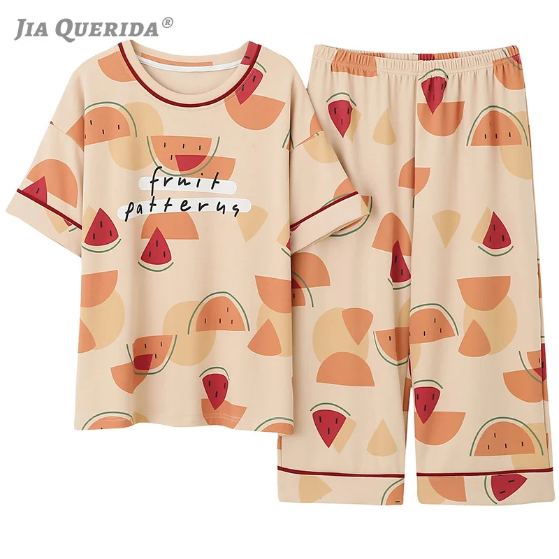 Printing Pajamas Set for Women Ladies Capris Sleepwear Round Neck Fruits Print Korean Kawaii Chic Style Women's 100% Cotton Printing Pajamas Set for Women Ladies Capris Sleepwear Round Neck Fruits Print Korean Kawaii Chic Style Women's 100% Cotton