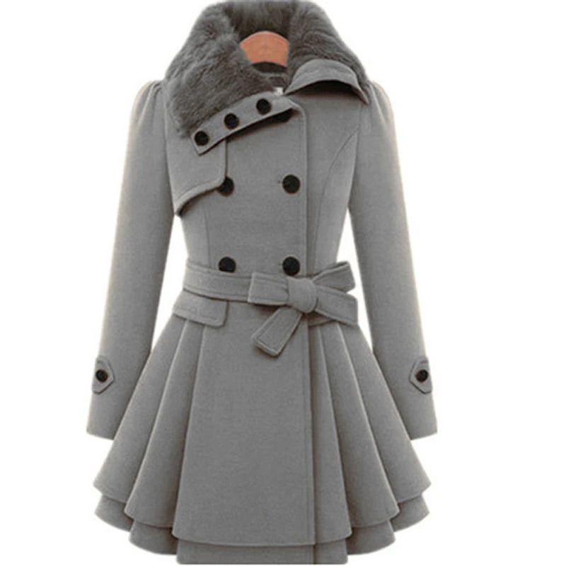 Fashion Womens Slim Trench Coats Lady Fur Collar Peacoat Winter Woolen Coat Jackets Outwear Double Breasted Elegant Coats