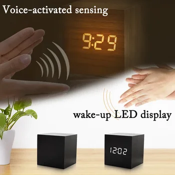 

Small Square Digital Wooden LED Alarm Clocks Wood Retro Glow Clock Desktop Table Decor Voice Control Snooze Function Desk Tool